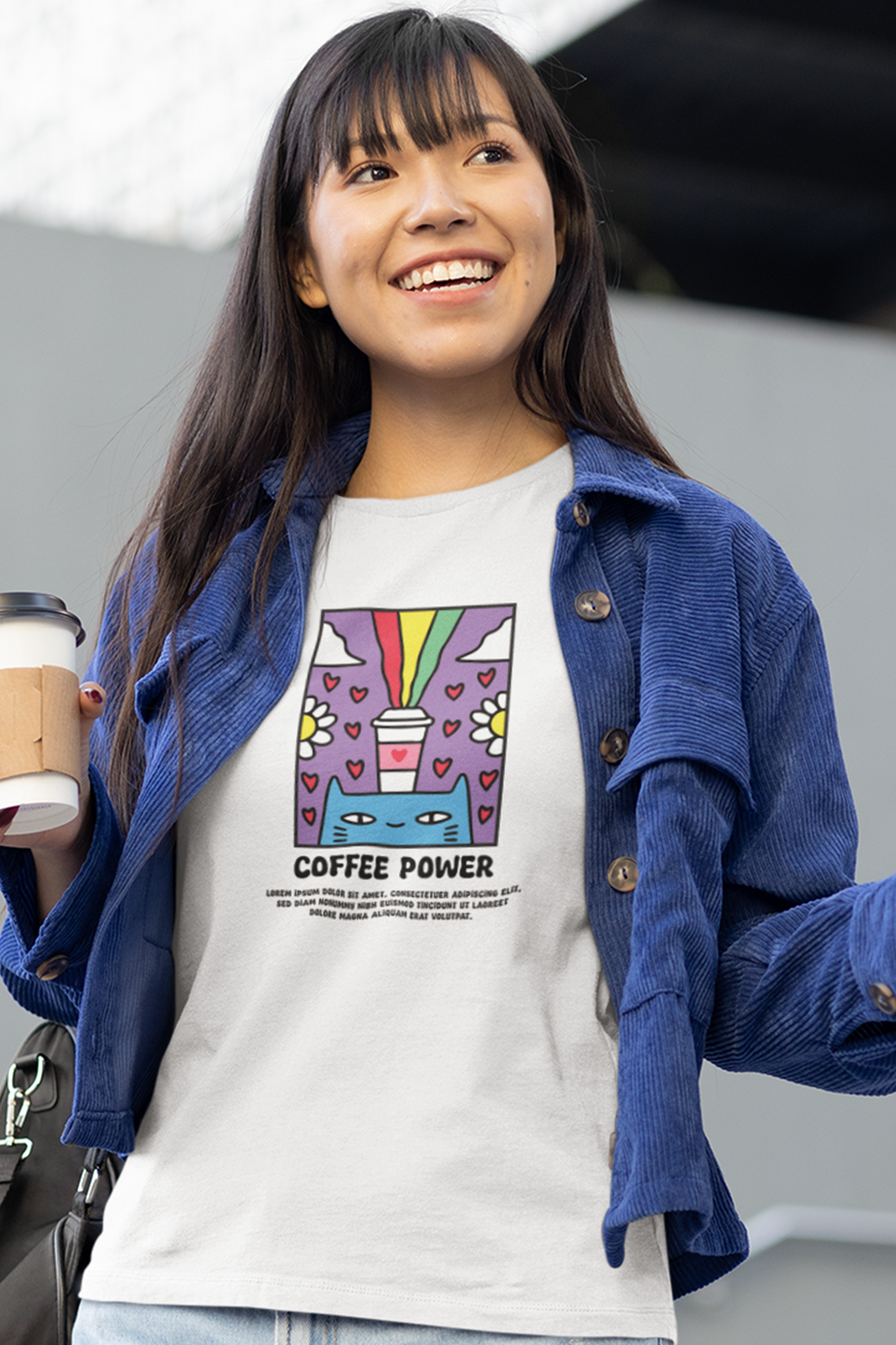 Coffee Power Cat Graphic Tee Shirt